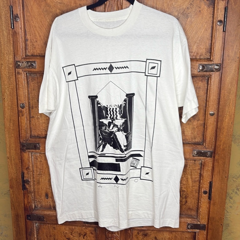 True 80s Vintage White Cotton T-Shirt Black Graphics Art Deco XL Oversized - Picture 1 of 5